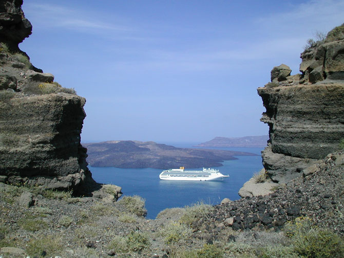 View of the NeaKameni and Therasia islands at Santorini