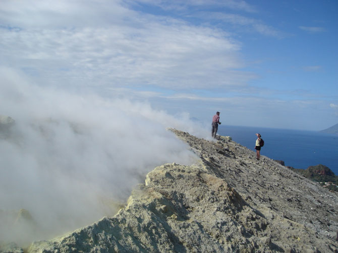 Steaming fumaroles at the rim of the Fossa Cone